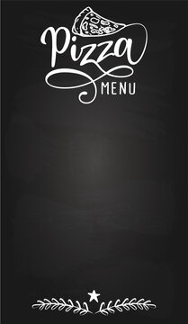 Pizza Blackboard menu card - design for Bars, restaurants, flyers, cards, invitations, stickers, banners. Hand painted brush pen modern calligraphy isolated on black background.