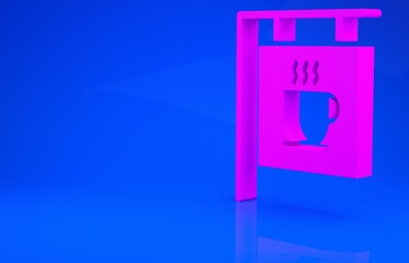 Pink Street signboard coffee icon isolated on blue background. Minimalism concept. 3d illustration. 3D render.