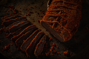 Basturma, dried tenderloin of beef meat, jerky, thinly sliced.