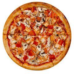 Pizza. View from above. Cropped pizza circle isolated on white background