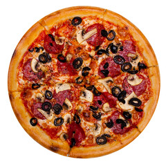 Pizza. View from above. Cropped pizza circle isolated on white background