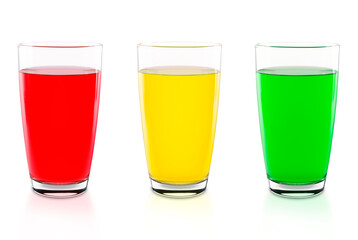 Glass with red, yellow and green water isolated on white background with clipping path