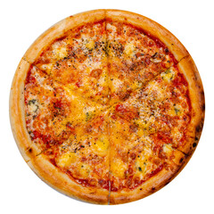 Pizza. View from above. Cropped pizza circle isolated on white background