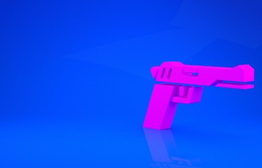 Pink Pistol or gun icon isolated on blue background. Police or military handgun. Small firearm. Minimalism concept. 3d illustration. 3D render.