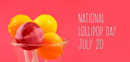 National Lollipop Day stock images. Colorful round lollipops on a pink background images. Pink and yellow lollipop images. Lollipop Day Poster, July 20
