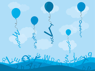 Alphabet wave banner with flying balloon letters as background. Colored letter borderon gray fly text. A blank sheet to fill in.