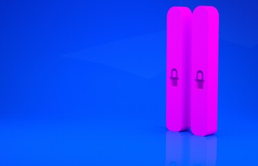Pink Ski and sticks icon isolated on blue background. Extreme sport. Skiing equipment. Winter sports icon. Minimalism concept. 3d illustration. 3D render.