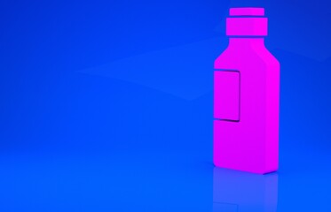 Pink Bottle of water icon isolated on blue background. Soda aqua drink sign. Minimalism concept. 3d illustration. 3D render.