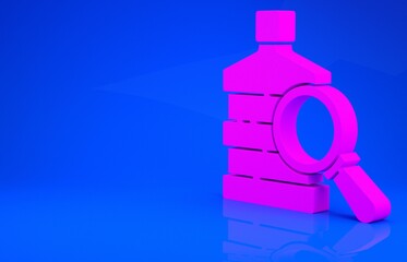 Pink Big bottle with clean water and magnifying glass icon isolated on blue background. Plastic container for the cooler. Minimalism concept. 3d illustration. 3D render.