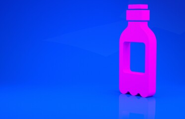 Pink Bottle of water icon isolated on blue background. Soda aqua drink sign. Minimalism concept. 3d illustration. 3D render.