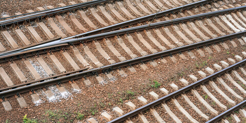 metal railroad tracks background view from above