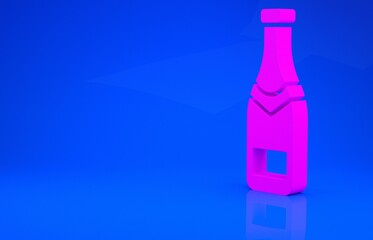 Pink Champagne bottle icon isolated on blue background. Minimalism concept. 3d illustration. 3D render.