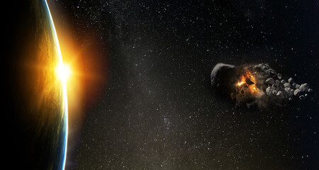 Asteroid flies near the earth orbit. Meteorite approaching Earth.  Elements of this image furnished by NASA. © elen31