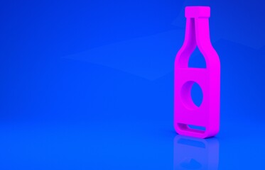 Pink Beer bottle icon isolated on blue background. Minimalism concept. 3d illustration. 3D render.