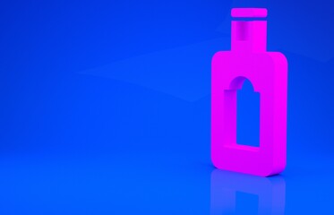 Pink Whiskey bottle icon isolated on blue background. Minimalism concept. 3d illustration. 3D render.