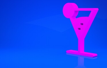 Pink Martini glass icon isolated on blue background. Cocktail icon. Wine glass icon. Minimalism concept. 3d illustration. 3D render.