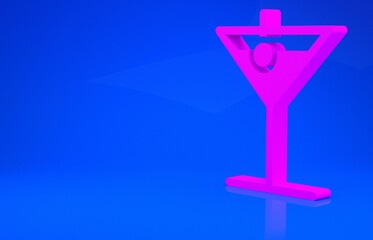 Pink Martini glass icon isolated on blue background. Cocktail icon. Wine glass icon. Minimalism concept. 3d illustration. 3D render.
