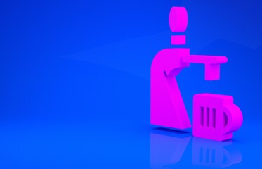 Pink Beer tap with glass icon isolated on blue background. Minimalism concept. 3d illustration. 3D render.