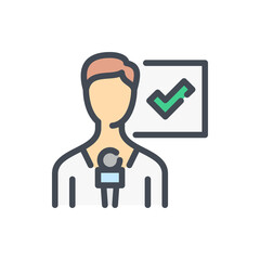 Journalist with Microphone and Check Mark color line icon. News Presenter with Microphone and Tick vector outline colorful sign.