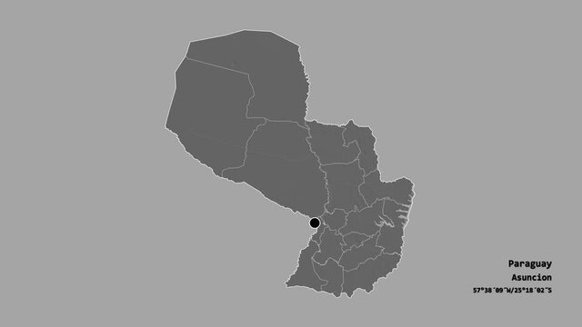 Cordillera, department of Paraguay, with its capital, localized, outlined and zoomed with informative overlays on a bilevel map in the Stereographic projection. Animation 3D