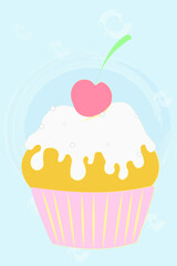 Vector illustration of cherry cupcake and ice cream. Fashion stickers, icons, icons. Print on clothing. Symbol, logo, and emblem. For children, a delicious picture