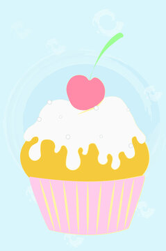 Vector illustration of cherry cupcake and ice cream. Fashion stickers, icons, icons. Print on clothing. Symbol, logo, and emblem. For children, a delicious picture