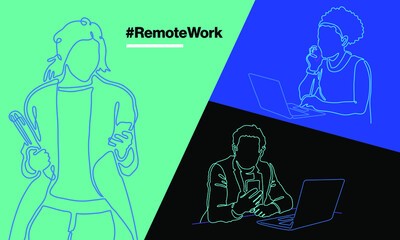 Corporate modern business people team remote working with phones and laptops in one single line stroke illustration drawing isolated with whiteboard doodle style with modern color palette