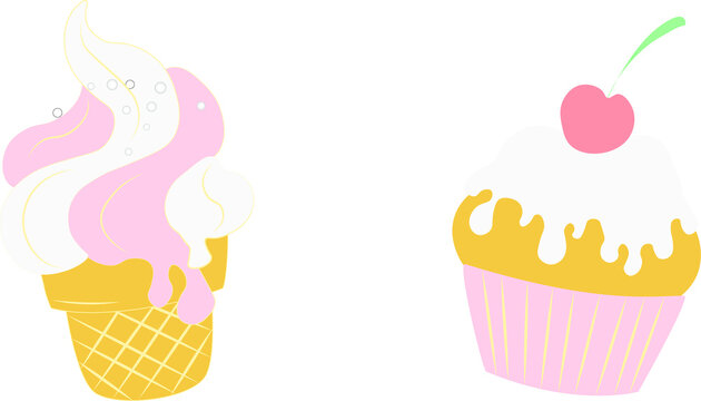 Vector illustration of cherry cupcake and ice cream. Fashion stickers, icons, icons. Print on clothing. Symbol, logo, and emblem. For children, a delicious picture
