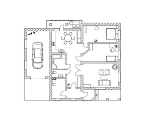 Suburban house design. Black and White floor plan of a modern apartment. Detailed architectural vector blueprint. 