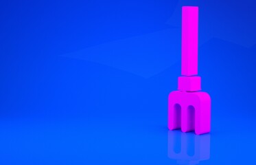 Pink Garden rake icon isolated on blue background. Tool for horticulture, agriculture, farming. Ground cultivator. Minimalism concept. 3d illustration. 3D render.