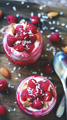 Selective focus. Coconut yogurt in jars with raspberries and raspberry jam. Healthy vegan dessert. Raspberry dessert. Summer keto dessert.