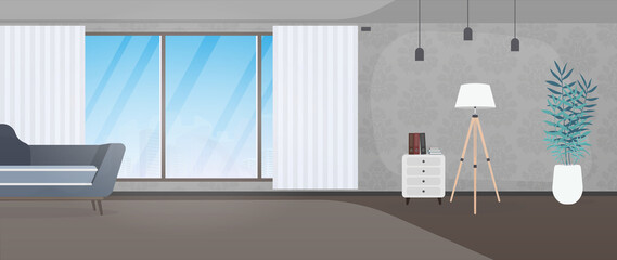Empty office with a large panoramic window. Good for business design. Vector.