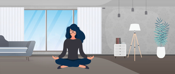 Girl with glasses meditates in the office. The concept of relaxation, meditation, yoga and rest from work. Vector.