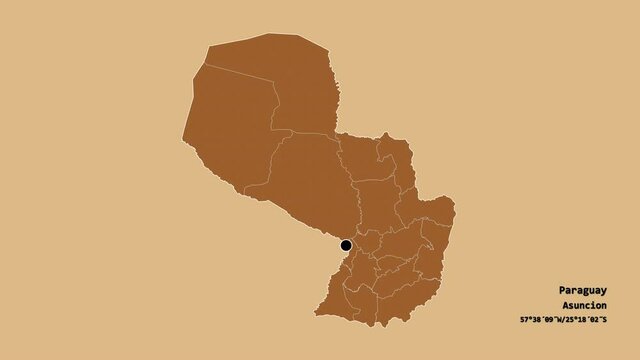 Asunci&oacute;n, capital district of Paraguay, with its capital, localized, outlined and zoomed with informative overlays on a solid patterned map in the Stereographic projection. Animation 3D