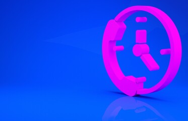 Pink Telephone 24 hours support icon isolated on blue background. All-day customer support call-center. Full time call services. Minimalism concept. 3d illustration. 3D render.