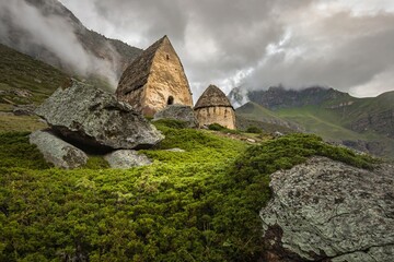 Mysterious city of the dead, an ancient necropolis located in a picturesque, but hard-to-reach mountain valley. The Caucasus. Russia.