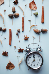 Autumn time, thanksgiving day, seasonal holidays concept. Fall composition, background made of dried leaves, clock, pine cones and acorns on blue