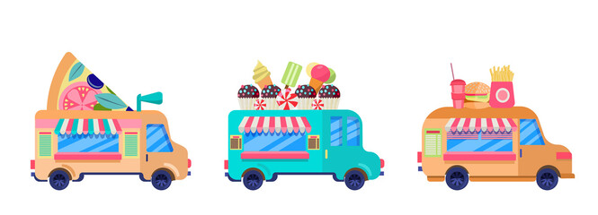 A set of street food trucks isolated on a white background. Fast food delivery.  Flat design vector. A collection of Cartoon fast food cars with an artboard on the roof. Street food festival.