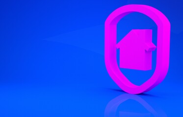 Pink House under protection icon isolated on blue background. Home and shield. Protection, safety, security, protect, defense concept. Minimalism concept. 3d illustration. 3D render.
