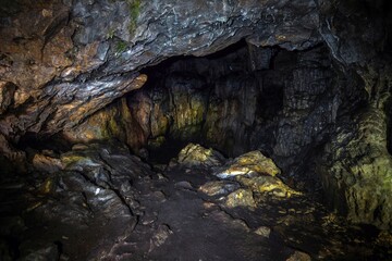 Fototapeta na wymiar Interior of big cave at the Lago Naki plateau. The Caucasus mountains, Adygea, Russia.