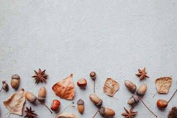 Autumn composition of dried leaves and acorns on concrete background. Fall, thanksgiving day, seasonal sale concept. Flat lay, top view, copy space