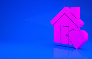 Pink House with heart shape icon isolated on blue background. Love home symbol. Family, real estate and realty. Minimalism concept. 3d illustration. 3D render.