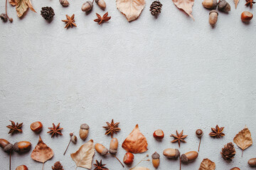 Autumn floral design greeting card. Border of fall dried leaves, pine cones and acorns on stone...