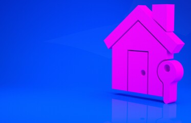 Pink House with key icon isolated on blue background. The concept of the house turnkey. Minimalism concept. 3d illustration. 3D render.