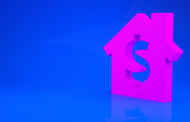 Pink House with dollar symbol icon isolated on blue background. Home and money. Real estate concept. Minimalism concept. 3d illustration. 3D render.
