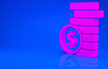 Pink Coin money with dollar symbol icon isolated on blue background. Banking currency sign. Cash symbol. Minimalism concept. 3d illustration. 3D render.