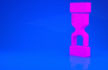 Pink Old hourglass with flowing sand icon isolated on blue background. Sand clock sign. Business and time management concept. Minimalism concept. 3d illustration. 3D render.