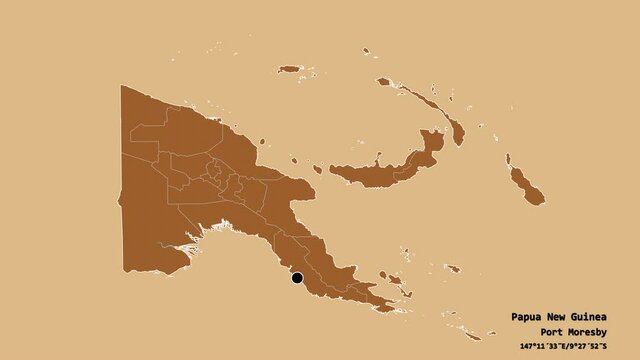 New Ireland, province of Papua New Guinea, with its capital, localized, outlined and zoomed with informative overlays on a solid patterned map in the Stereographic projection. Animation 3D