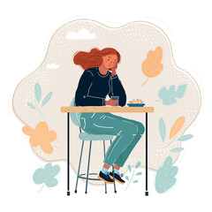 Vector illustration of sad woman sittig at table and drink.