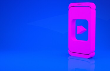 Pink Online play video icon isolated on blue background. Smartphone and film strip with play sign. Minimalism concept. 3d illustration. 3D render.